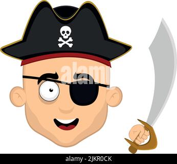 Illustration vectorielle du visage d'un pirate de dessin animé avec un chapeau, un timbre oculaire et une épée dans sa main Illustration de Vecteur