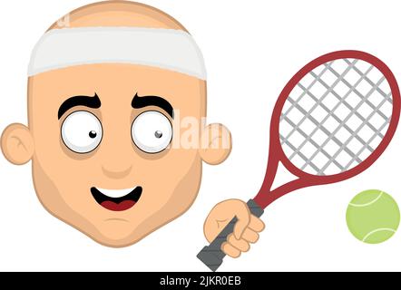 Illustration vectorielle du visage d'un homme de dessin animé avec une expression heureuse, avec une raquette de tennis, un ballon et un bandeau Illustration de Vecteur