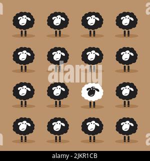 Vecteur d'un seul mouton blanc dans un groupe de moutons noirs sur fond marron. Animal. Concept dissemblable. Illustration de Vecteur