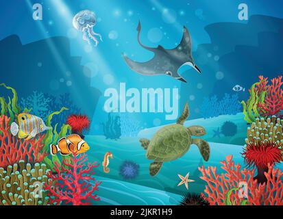Paysage de dessin animé sous-marin avec divers animaux de mer et de plantes vecteur illustration Illustration de Vecteur