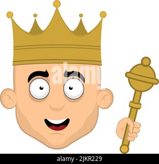 Illustration vectorielle de la face de la tête d'un roi de dessin animé avec sa couronne et son sceptre dans la main Illustration de Vecteur