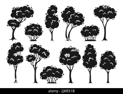 Ensemble de silhouette de dessins animés arbres et arbustes. Collection botanique de plantes stylisées gravées en feuilles abstraites, brousse en forme de nature. Arbre à feuilles caduques avec des feuilles et des couronnes luxuriantes. Parc vert, vecteur de timbre forestier Illustration de Vecteur