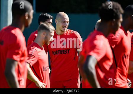 Michael Frey d'Anvers photographié lors d'une session d'entraînement de l'équipe belge de football Royal Antwerp FC RAFC, avant le match entre Royal Antwerp FC RAFC et SK Lillestrom, le mercredi 03 août 2022 à Anvers, première étape de la troisième manche de qualification du concours de la Ligue des conférences de l'UEFA. BELGA PHOTO TOM GOYVAERTS Banque D'Images