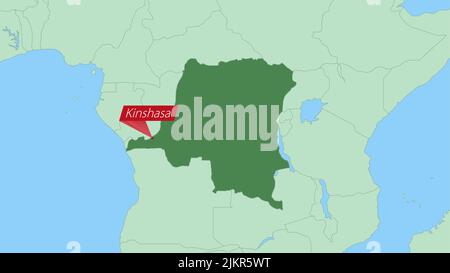 Carte de la RD Congo avec PIN de la capitale du pays. Dr Congo carte avec les pays voisins en vert. Illustration de Vecteur