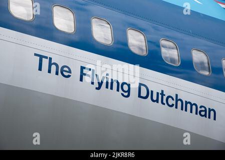 Lelystad, pays-Bas. Juillet 2022. Gros plan du fuselage d'un avion étiqueté le Flying Dutchman. Photo de haute qualité Banque D'Images