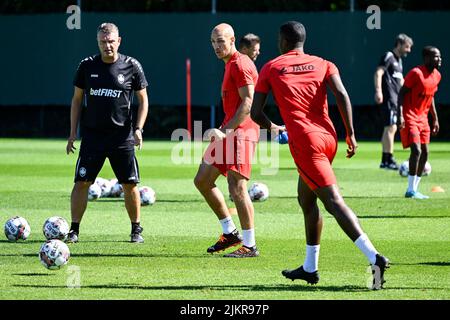 Michael Frey d'Anvers photographié lors d'une session d'entraînement de l'équipe belge de football Royal Antwerp FC RAFC, avant le match entre Royal Antwerp FC RAFC et SK Lillestrom, le mercredi 03 août 2022 à Anvers, première étape de la troisième manche de qualification du concours de la Ligue des conférences de l'UEFA. BELGA PHOTO TOM GOYVAERTS Banque D'Images