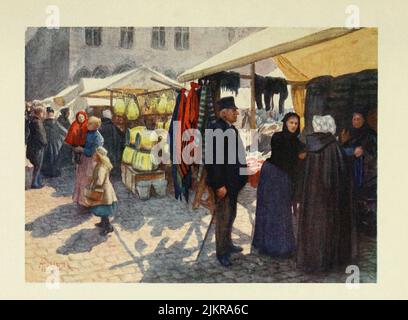 Bruges : Un coin du marché sur la Grand-place peint par Amedee Forestier, du livre ' Bruges et Flandre Occidentale ' de George William Thomson Omond, Date de publication 1906 Editeur Londres : A. & C. Black Sir Amédée Forestier (Paris 1854 – 18 novembre 1930 Londres) est un artiste et illustrateur anglo-français spécialisé dans les scènes historiques et préhistoriques et les paysages. Banque D'Images