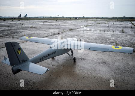 UKRAINE - 2 AOÛT 2022 - un drone UkrJet est photographié lors de la présentation de véhicules aériens sans pilote pour les forces armées, en Ukraine. Cette photo c Banque D'Images