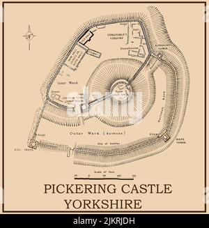 Une carte ou un plan d'époque du château de Pickering, dans le Yorkshire, au Royaume-Uni. La fortification de motte-et-bailey a été précédée d'un bois de 12th siècle et de la terre motte construite par les Normands sous William le Conquérant . Les fortifications en pierre datent du 13th siècle. Il a été construit pour maintenir le contrôle de la région après l'exploitation du Nord. Banque D'Images