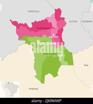 Carte administrative de l'État du Brésil Roraima montrant les municipalités colorées par régions d'État (mésorégions) Illustration de Vecteur