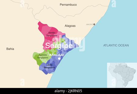 Carte administrative de Sergipe de l'Etat du Brésil montrant les municipalités colorées par régions d'Etat (mésorégions) Illustration de Vecteur