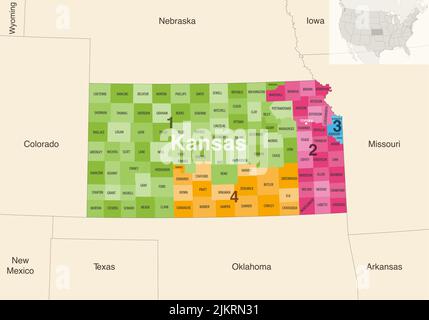 Comtés de l'État du Kansas colorés par carte vectorielle des districts du Congrès avec les États et les terrotories voisins Illustration de Vecteur