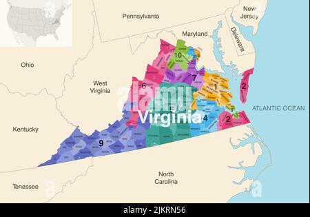 Comtés de l'État de Virginie colorés par carte vectorielle des districts du Congrès avec les États et les terrotories voisins Illustration de Vecteur