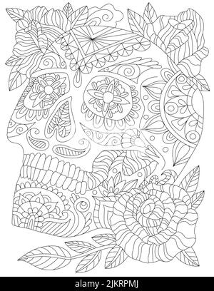 Un crâne décoré avec des motifs floraux dans la vue latérale regardant vers le haut - idéal pour tatouage, coloration, imprimé, Calavera, textile Illustration de Vecteur