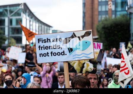 Fish are Friends Not Food écriteau tenu uo dans la foule des manifestants des droits des animaux, Londres 2021 Banque D'Images