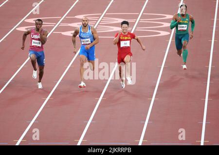 01 août 2021 - Tokyo, Japon: Ronnie Baker des États-Unis, Lamont Marcell Jacobs de l'Italie, su Bingtian de la Chine et Paolo Andre Camilo du Brésil Banque D'Images