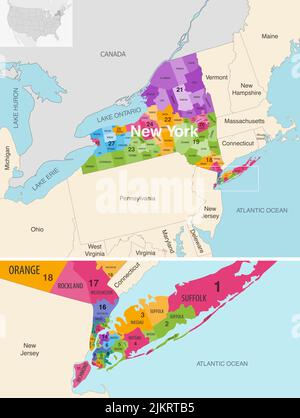 Cartes vectorielles des comtés de l'État de New York colorées par les districts du Congrès avec les États et les régions voisins Illustration de Vecteur