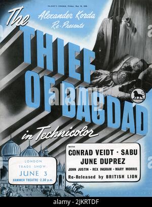 British Trade ad pour 1948 réédition de CONRAD VEIDT JUNE DUPREZ et SABU dans LE VOLEUR DE BAGDAD 1940 réalisateurs LUDWIG BERGER et MICHAEL POWELL producteur Alexander Korda London film Productions / United Artists / British Lion (réédition 1948) Banque D'Images