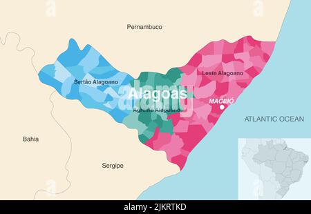 Carte administrative des Alagoas de l'État du Brésil montrant les municipalités colorées par région de l'État (mésorégions) Illustration de Vecteur