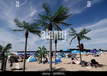 Berlin, Allemagne. 03rd août 2022. Les baigneurs se trouvent au soleil, à côté des palmiers, sur la plage de sable de Strandbad Wannsee. Avec des températures autour de 33 degrés, de nombreux visiteurs sont attirés par la piscine extérieure. Credit: Carsten Koall/dpa/Alay Live News Banque D'Images