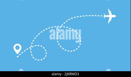 Illustration du vecteur de route de la ligne d'avion. Icône de vecteur de déplacement avec point de départ et tiret Illustration de Vecteur