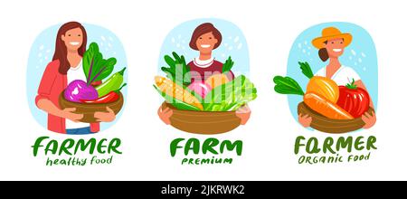 Femme paysanne avec légumes frais. Agriculture, vie rurale, jardinage, concept d'ensemble d'agriculture. Dessin animé plat Illustration de Vecteur