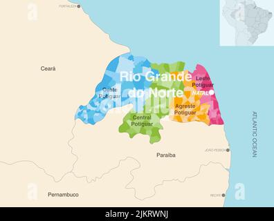 Carte administrative de l'état du Brésil Rio Grande do Norte montrant les municipalités colorées par région de l'état (mésorégions) Illustration de Vecteur