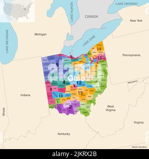 Comtés de l'État de l'Ohio colorés par carte vectorielle des districts du Congrès avec les États et les terrotories voisins Illustration de Vecteur