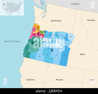 Comtés de l'État de l'Oregon colorés par carte vectorielle des districts du Congrès avec les États et les terrotories voisins Illustration de Vecteur