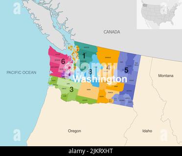 Les comtés de l'État de Washington colorés par les districts du Congrès carte vectorielle avec les États et les terrotories voisins Illustration de Vecteur