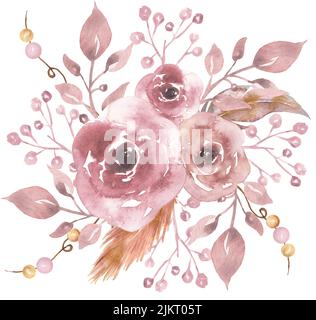 Illustration de bouquet floral aquarelle avec fleurs roses, feuilles et plumes, invitation de mariage, fabrication de cartes, graphiques de douche de bébé Banque D'Images