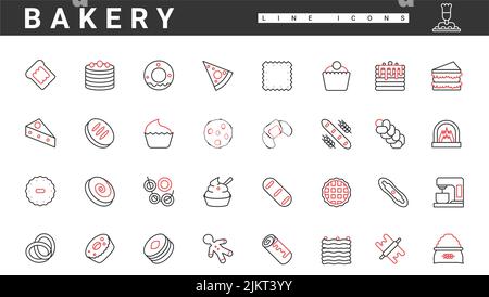 Les icônes de la boulangerie fine ligne rouge et noire définissent l'illustration vectorielle. Résumé simple collection de produits alimentaires de la farine de blé et des appareils pour cuire du pain, des gâteaux et des petits pains, des biscuits et des gaufres pour le petit déjeuner Illustration de Vecteur