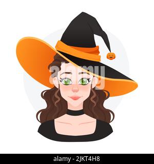 Joli drôle de sorcière avatar pour le jeu ou la publicité. Halloween magicienne fille avec grand chapeau et citrouille. Fille de conte de fées Illustration de Vecteur