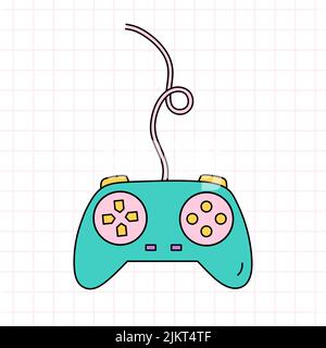 Manette de jeu vidéo, manette de jeu dans des couleurs vives..Vector dessin à la main Doodle illustration isolée sur un arrière-plan quadrillé. Parfait pour les cartes Illustration de Vecteur