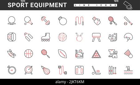 Équipement de sport de gym, équipement pour l'entraînement de fitness et les jeux fines icônes rouge et noir définir l'illustration vectorielle. Haltères abstraites et poids pour l'entraînement musculaire, ballon de tennis, volley-ball et football Illustration de Vecteur