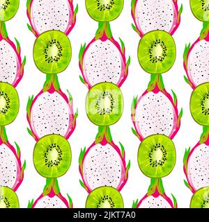 Motif sans couture avec iIlustration kiwi et pitahaya sur fond blanc Illustration de Vecteur