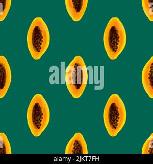 Motif sans couture avec illustration d'un fruit papaye sur fond vert Illustration de Vecteur