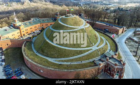 An aerial shot of the Kosciuszko Mound artificial mound in Krakow, Poland. Stock Photo