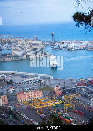 Vertical shot of Port of Barcelona, sea port in the city of Barcelona on the Mediterranean Sea Stock Photo