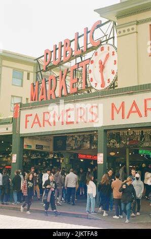 A beautiful shot of a crowd of people at Pike Place Market at noon on Sunday in Seattle, United States Stock Photo