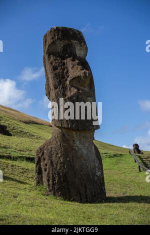 A vertical closeup of an antique Moai stone statue on Easter Island, Chile Stock Photo