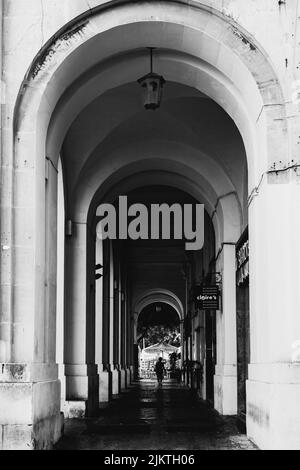 A grayscale vertical shot of a corridor Stock Photo