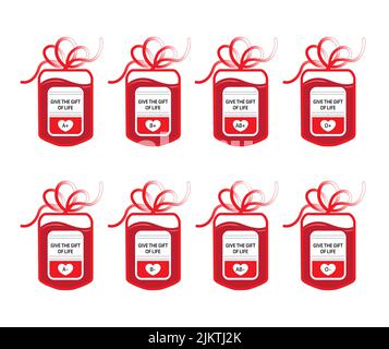 Huit sacs de don de sang avec tube en forme d'arc de cadeau et le slogan: Donner le don de la vie. Quatre groupes sanguins principaux de A, B, AB et O. Illustration de Vecteur