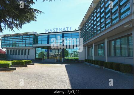 A closeup of the Maserati Italian motor company plant exterior view in Turin, Italy Stock Photo