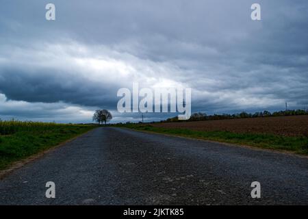 Une route asphaltée à travers les champs sur fond ciel sombre et nuageux Banque D'Images