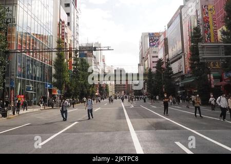 A beautiful shot of people walking on a car-free street in Akihabara, Tokyo Stock Photo