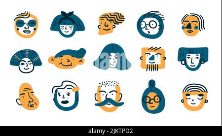 Portraits abstraits de personnes. Visages drôles d'hommes ou de femmes. Profils de caractères. Têtes décoratives mâles et femelles. Avatars de caricature de Doodle. Des ambiances différentes Illustration de Vecteur