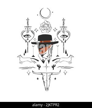 Dessin à la main vecteur graphique clipart illustration boho cowgirl en chapeau portrait.Western concept de conception féminine.Bohème sauvage ouest art contemporain Illustration de Vecteur