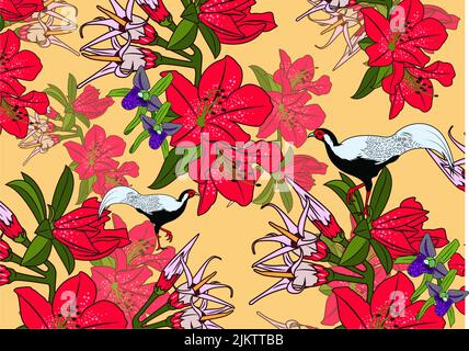 A seamless pattern with pheasant birds and colorful flowers on beige background Stock Photo