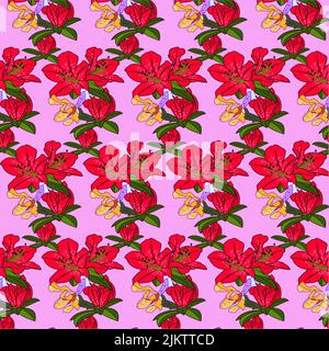 A seamless pattern with red Azalea flowers on pink background Stock Photo